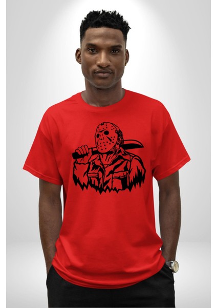 13. Cuma Korku Karakteri Jason Kadın Erkek Ön Baskılı Kırmızı Pamuklu Tişört Penye Klasik fırsatları