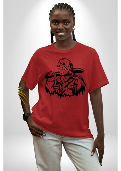 13. Cuma Korku Karakteri Jason Kadın Erkek Ön Baskılı Kırmızı Pamuklu Tişört Penye Klasik indirimleri