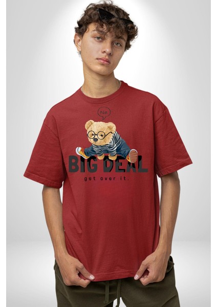 Büyük Anlaşma Oyuncak Ayı Kadın Erkek Ön Baskılı Kırmızı Pamuklu Tişört Penye Klasik