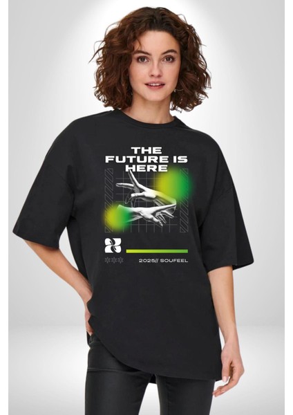 Gelecek Burada Modern Eller Kadın Erkek Ön Baskılı Siyah Pamuklu Tişört Penye Klasik