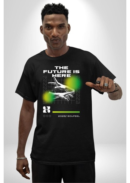 Gelecek Burada Modern Eller Kadın Erkek Ön Baskılı Siyah Pamuklu Tişört Penye Klasik fiyatları