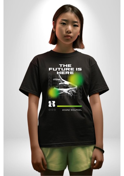 Gelecek Burada Modern Eller Kadın Erkek Ön Baskılı Siyah Pamuklu Tişört Penye Klasik fırsatları