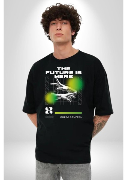 Gelecek Burada Modern Eller Kadın Erkek Ön Baskılı Siyah Pamuklu Tişört Penye Klasik indirimleri