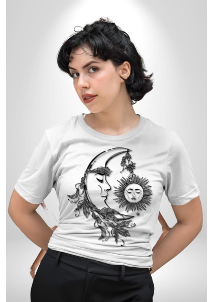 Güneş ve Ay Tarot Kadın Erkek Ön Baskılı Beyaz Pamuklu Tişört Penye Klasik