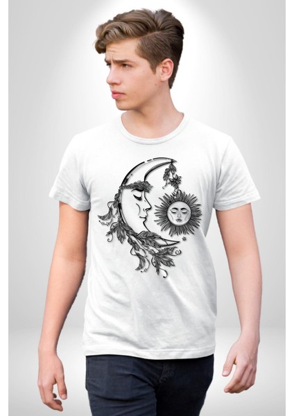 Güneş ve Ay Tarot Kadın Erkek Ön Baskılı Beyaz Pamuklu Tişört Penye Klasik fiyatları