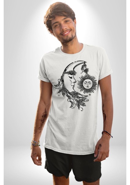 Güneş ve Ay Tarot Kadın Erkek Ön Baskılı Beyaz Pamuklu Tişört Penye Klasik fırsatları