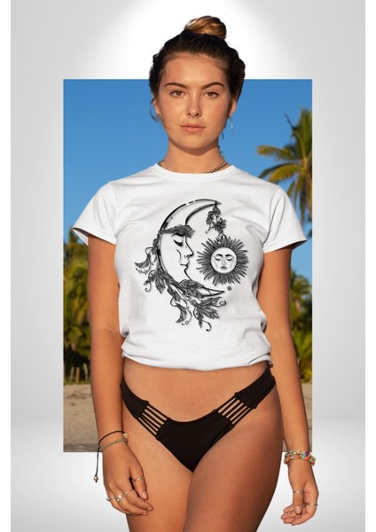 Güneş ve Ay Tarot Kadın Erkek Ön Baskılı Beyaz Pamuklu Tişört Penye Klasik indirimleri