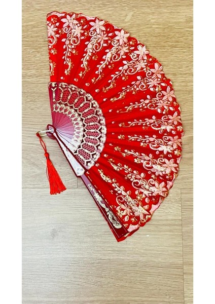 Kırmızı Desenli Şık Yelpaze