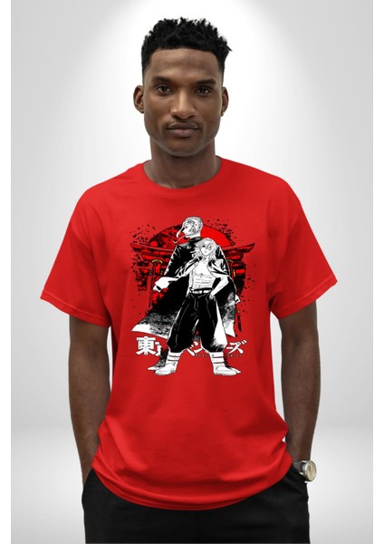 Tokyo Ravengers Japon Anime Kadın Erkek Ön Baskılı Kırmızı Pamuklu Tişört Penye Klasik