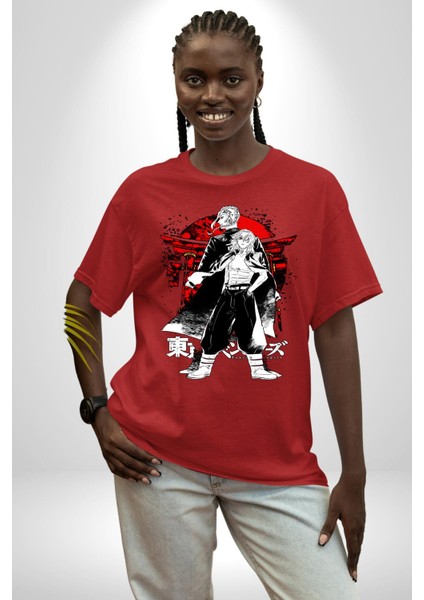 Tokyo Ravengers Japon Anime Kadın Erkek Ön Baskılı Kırmızı Pamuklu Tişört Penye Klasik fiyatları