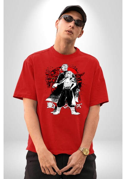 Tokyo Ravengers Japon Anime Kadın Erkek Ön Baskılı Kırmızı Pamuklu Tişört Penye Klasik modelleri