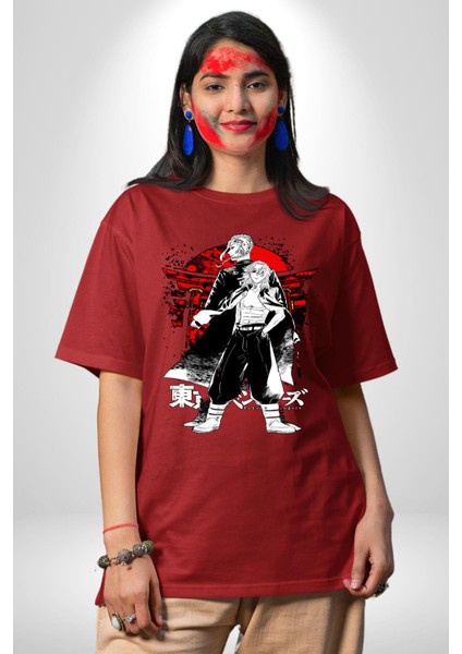 Tokyo Ravengers Japon Anime Kadın Erkek Ön Baskılı Kırmızı Pamuklu Tişört Penye Klasik fırsatları