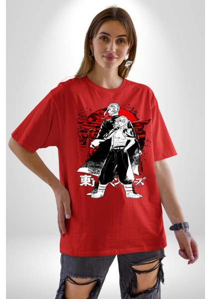 Tokyo Ravengers Japon Anime Kadın Erkek Ön Baskılı Kırmızı Pamuklu Tişört Penye Klasik indirimleri