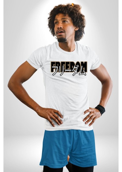 Özgürlük Japonca Yazı Kadın Erkek Ön Baskılı Beyaz Pamuklu Tişört Penye Klasik fiyatları