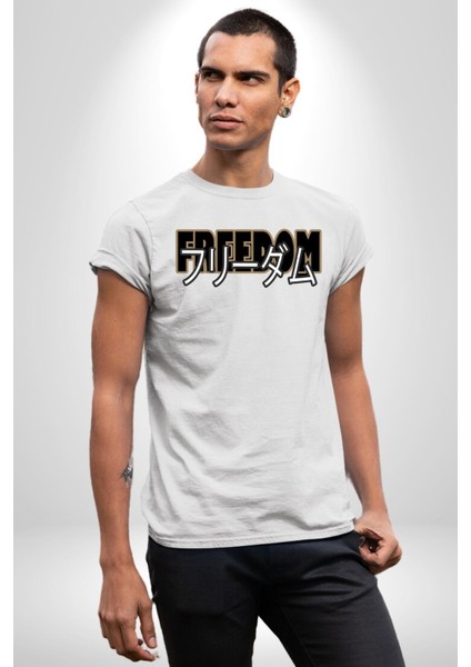Özgürlük Japonca Yazı Kadın Erkek Ön Baskılı Beyaz Pamuklu Tişört Penye Klasik modelleri
