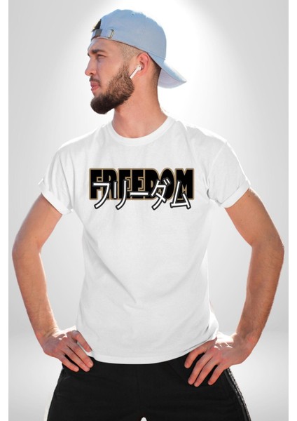 Özgürlük Japonca Yazı Kadın Erkek Ön Baskılı Beyaz Pamuklu Tişört Penye Klasik fırsatları
