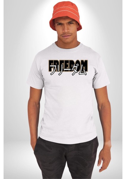 Özgürlük Japonca Yazı Kadın Erkek Ön Baskılı Beyaz Pamuklu Tişört Penye Klasik indirimleri