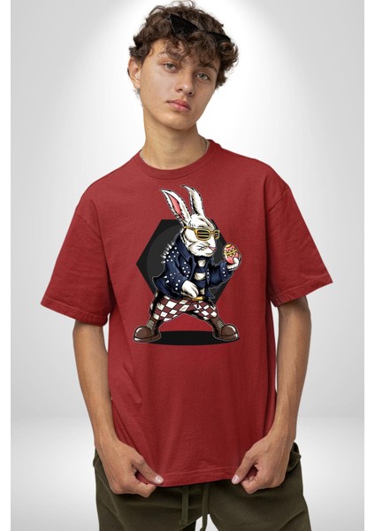Havalı Deri Ceketli Tavşan Paskalya Kadın Erkek Ön Baskılı Kırmızı Pamuklu Tişört Penye Klasik