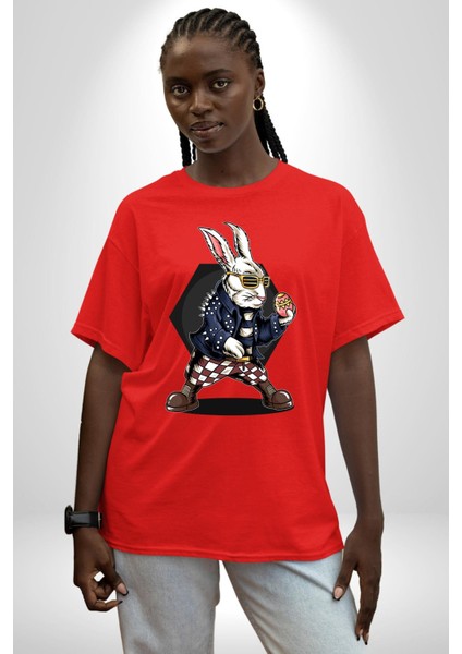 Havalı Deri Ceketli Tavşan Paskalya Kadın Erkek Ön Baskılı Kırmızı Pamuklu Tişört Penye Klasik fiyatları