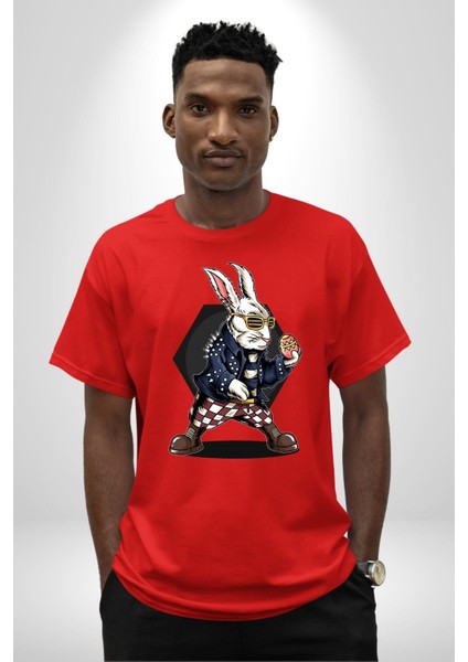 Havalı Deri Ceketli Tavşan Paskalya Kadın Erkek Ön Baskılı Kırmızı Pamuklu Tişört Penye Klasik modelleri