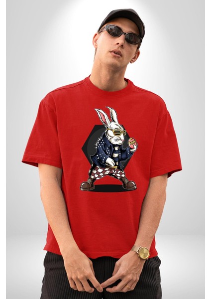Havalı Deri Ceketli Tavşan Paskalya Kadın Erkek Ön Baskılı Kırmızı Pamuklu Tişört Penye Klasik indirimleri