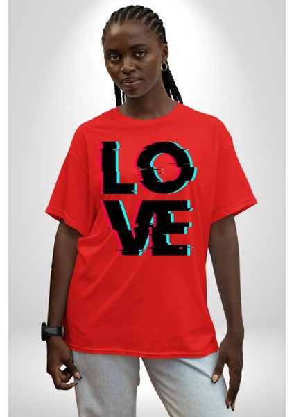 Glitch Aşk Yazısı Mavi Kırmızı Tonları Kadın Erkek Ön Baskılı Kırmızı Pamuklu Tişört Penye Klasik