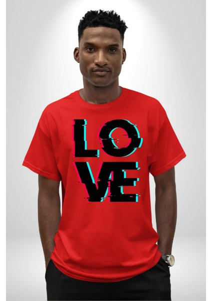 Glitch Aşk Yazısı Mavi Kırmızı Tonları Kadın Erkek Ön Baskılı Kırmızı Pamuklu Tişört Penye Klasik fiyatları