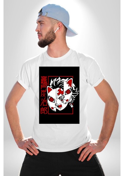 Demon Slayer Tanjiro Kamado Anime Kadın Erkek Ön Baskılı Beyaz Pamuklu Tişört Penye Klasik