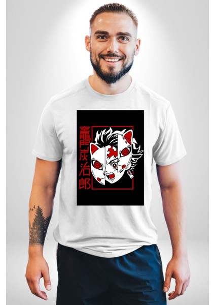 Demon Slayer Tanjiro Kamado Anime Kadın Erkek Ön Baskılı Beyaz Pamuklu Tişört Penye Klasik modelleri