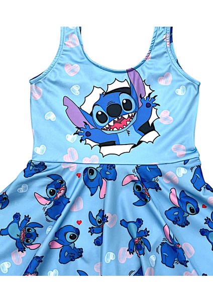 Kız Çocuk Mavi Renk Desen Baskılı Eğlenceli Plaj Giyim Volan Etekli Mayo + Bone modelleri