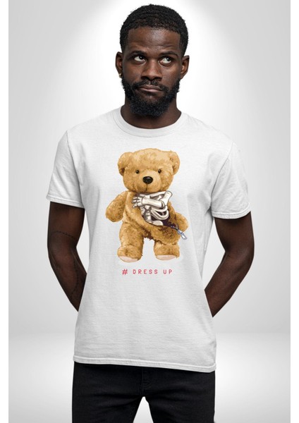 Iskelet Adam Oyuncak Tatlı Ayı Kadın Erkek Ön Baskılı Beyaz Pamuklu Tişört Penye Klasik