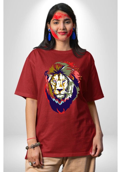 Kahin Rengarenk Havalı Aslan Kadın Erkek Ön Baskılı Kırmızı Pamuklu Tişört Penye Klasik
