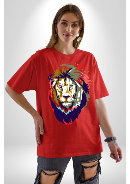 Kahin Rengarenk Havalı Aslan Kadın Erkek Ön Baskılı Kırmızı Pamuklu Tişört Penye Klasik fiyatları