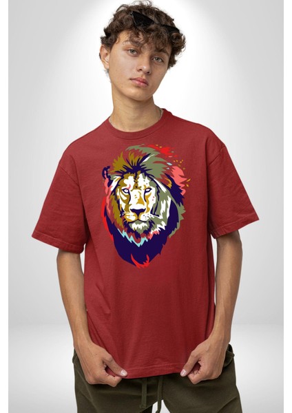 Kahin Rengarenk Havalı Aslan Kadın Erkek Ön Baskılı Kırmızı Pamuklu Tişört Penye Klasik modelleri