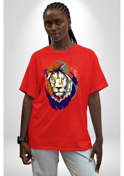 Kahin Rengarenk Havalı Aslan Kadın Erkek Ön Baskılı Kırmızı Pamuklu Tişört Penye Klasik fırsatları