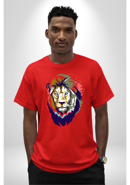 Kahin Rengarenk Havalı Aslan Kadın Erkek Ön Baskılı Kırmızı Pamuklu Tişört Penye Klasik indirimleri