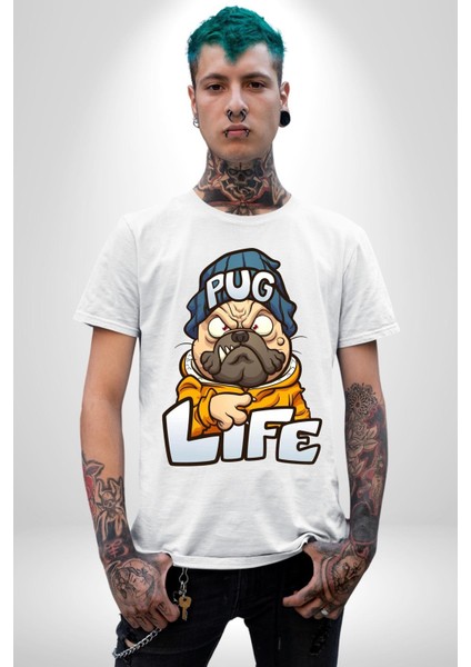 Pug Yaşamı Sokak Tarzı Kadın Erkek Ön Baskılı Beyaz Pamuklu Tişört Penye Klasik
