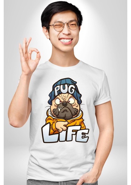 Pug Yaşamı Sokak Tarzı Kadın Erkek Ön Baskılı Beyaz Pamuklu Tişört Penye Klasik modelleri
