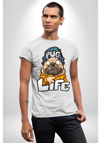 Pug Yaşamı Sokak Tarzı Kadın Erkek Ön Baskılı Beyaz Pamuklu Tişört Penye Klasik indirimleri