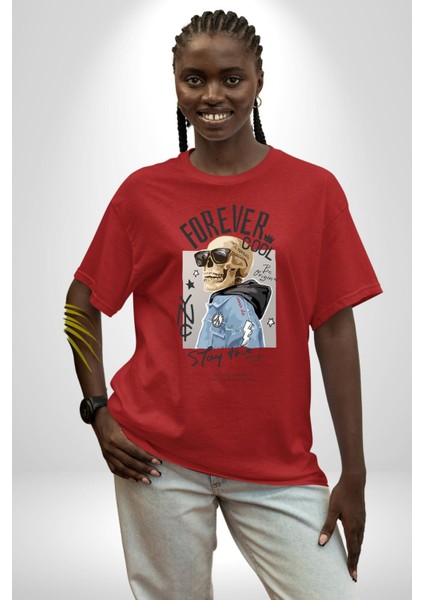 Her Zaman Havalı Iskelet Adam Kadın Erkek Ön Baskılı Kırmızı Pamuklu Tişört Penye Klasik