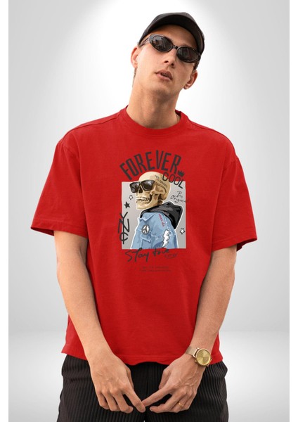 Her Zaman Havalı Iskelet Adam Kadın Erkek Ön Baskılı Kırmızı Pamuklu Tişört Penye Klasik fiyatları