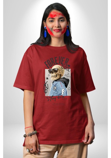 Her Zaman Havalı Iskelet Adam Kadın Erkek Ön Baskılı Kırmızı Pamuklu Tişört Penye Klasik modelleri