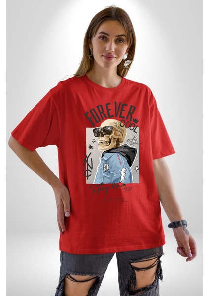 Her Zaman Havalı Iskelet Adam Kadın Erkek Ön Baskılı Kırmızı Pamuklu Tişört Penye Klasik fırsatları