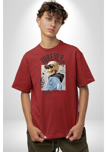 Her Zaman Havalı Iskelet Adam Kadın Erkek Ön Baskılı Kırmızı Pamuklu Tişört Penye Klasik indirimleri