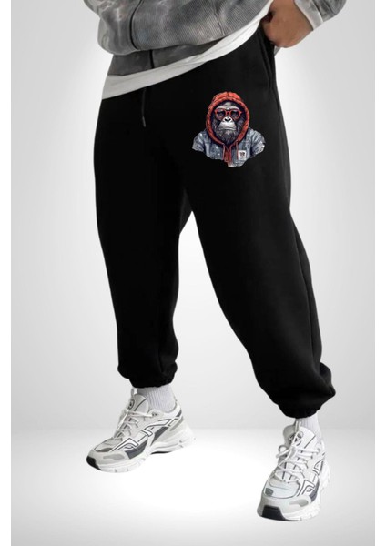 Kapşonlu Goril Sokak Tarzı Rahat Siyah Dijital Baskılı Kadın Erkek Eşofman Altı