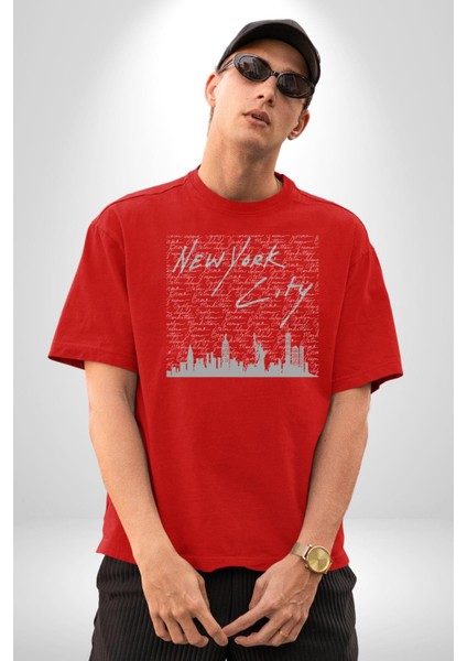 New York City Night Light Kadın Erkek Ön Baskılı Kırmızı Pamuklu Tişört Penye Klasik modelleri