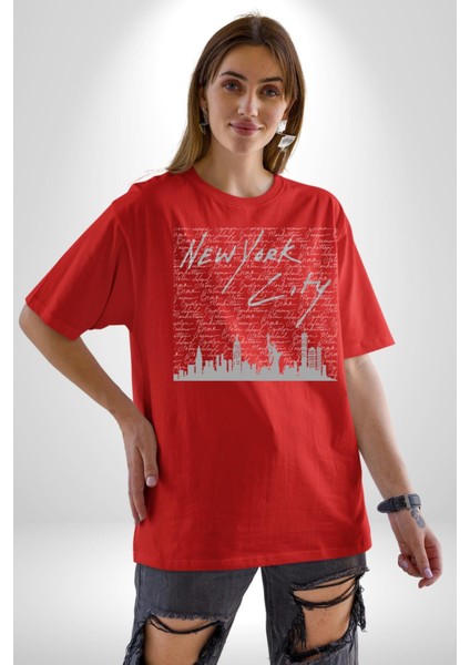 New York City Night Light Kadın Erkek Ön Baskılı Kırmızı Pamuklu Tişört Penye Klasik indirimleri