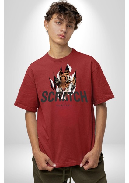 Yüzeyi Çizmek Kaplan Kadın Erkek Ön Baskılı Kırmızı Pamuklu Tişört Penye Klasik modelleri