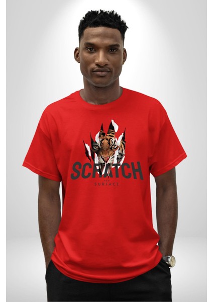 Yüzeyi Çizmek Kaplan Kadın Erkek Ön Baskılı Kırmızı Pamuklu Tişört Penye Klasik indirimleri