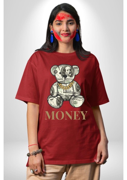 Dolar Ayı Havalı Tasarım Kadın Erkek Ön Baskılı Kırmızı Pamuklu Tişört Penye Klasik